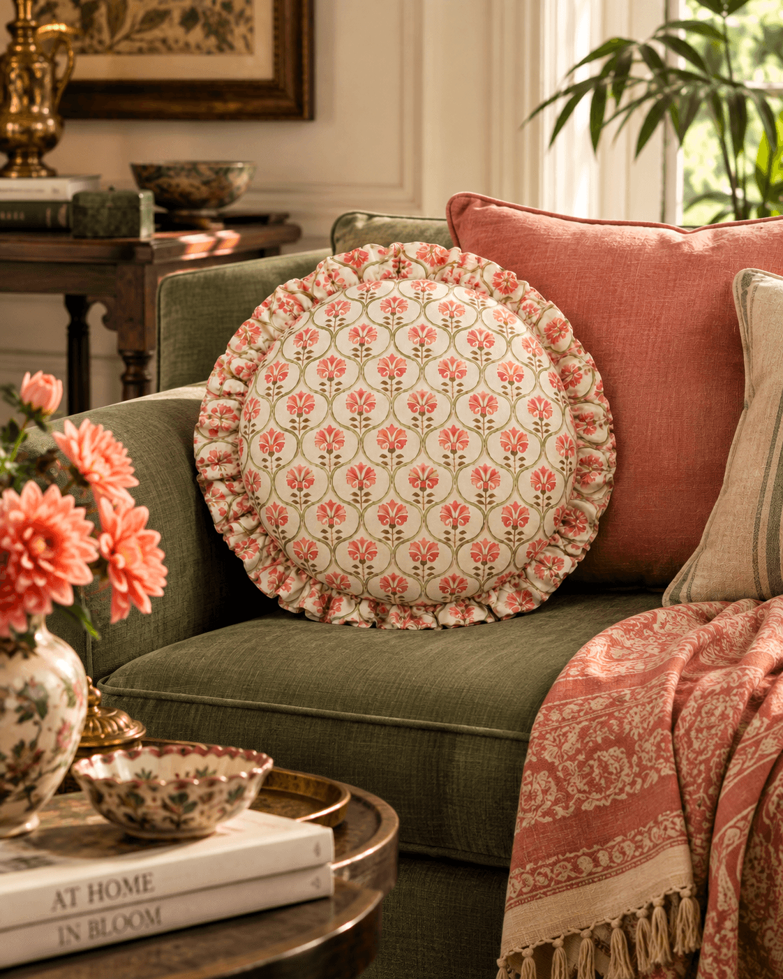 Lotus Ivory Round Cushion Covers with Frill Borders | Set of 2 view 1